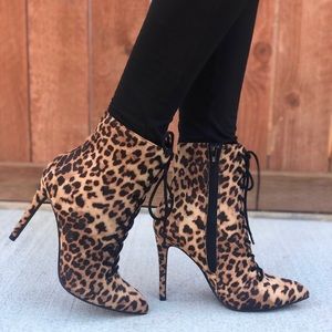 Leopard Print Lace Up Pointy Booties